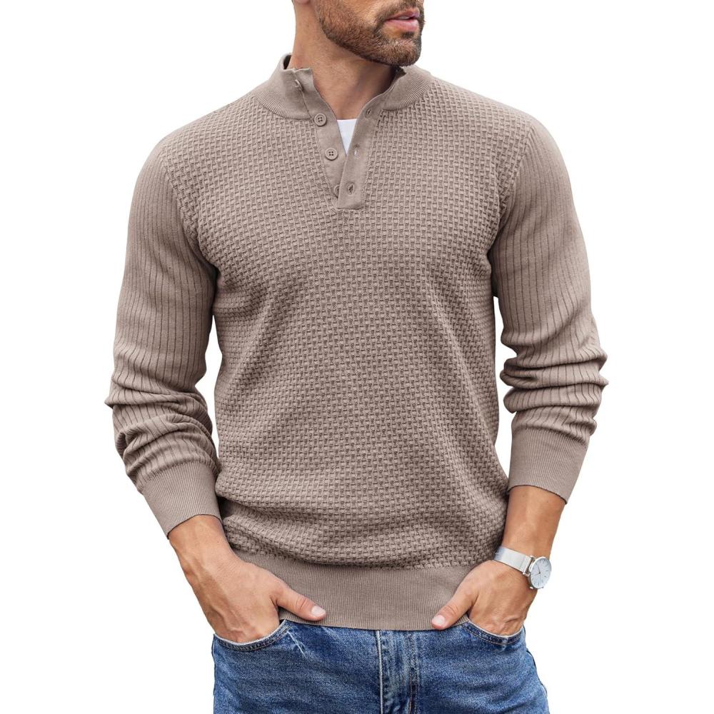 imageCOOFANDY Mens Quarter Button Sweater Lightweight Mock Neck Pullover Sweater Fashion Casual Knitted Waffle Henley SweaterBrown and Grey