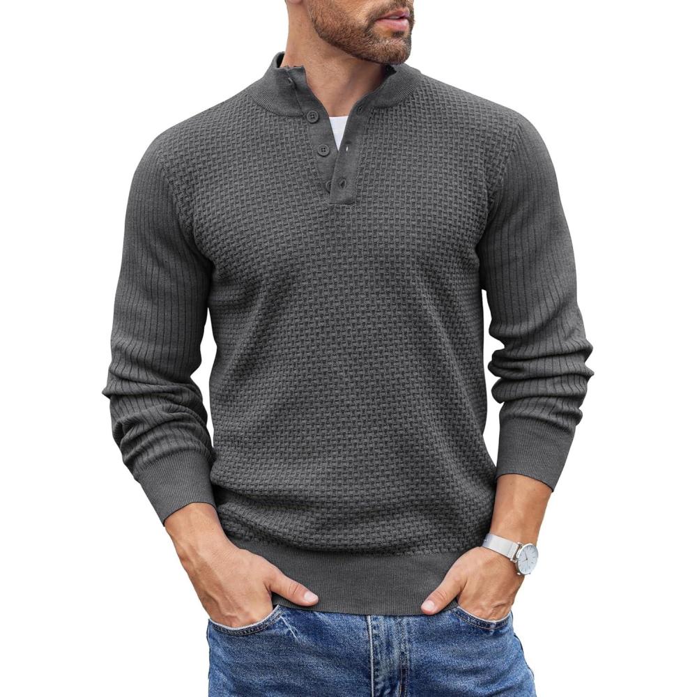 imageCOOFANDY Mens Quarter Button Sweater Lightweight Mock Neck Pullover Sweater Fashion Casual Knitted Waffle Henley SweaterDark Grey