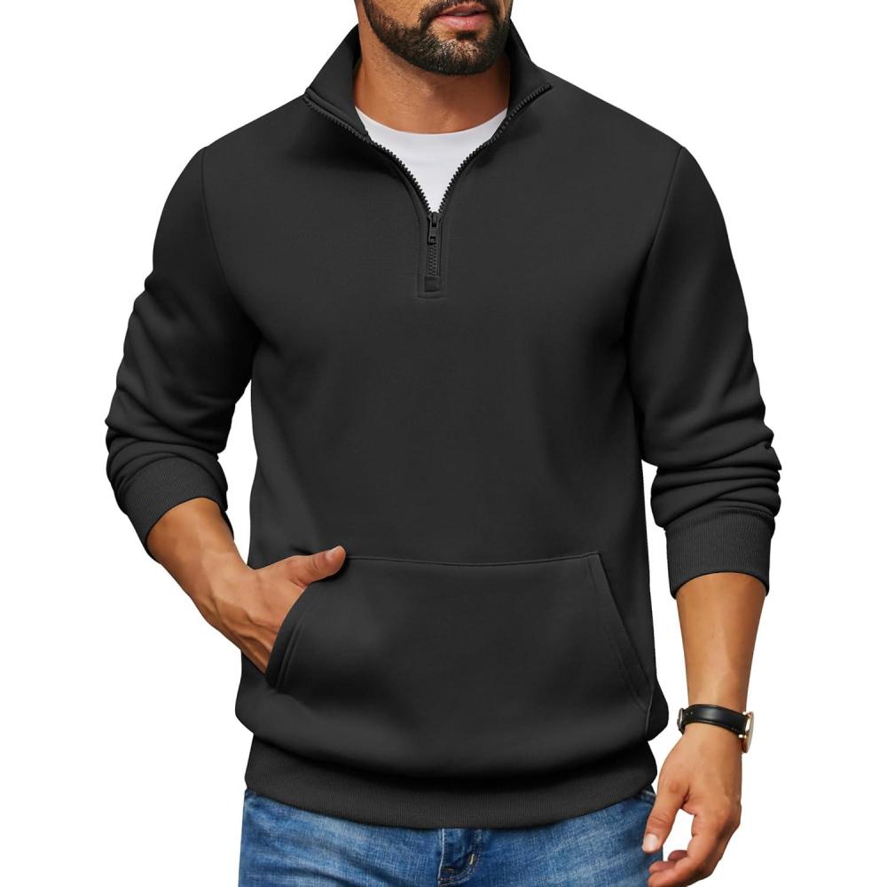 imageCOOFANDY Mens Quarter Zip Pullover Fleece Lined Sweatshirts Long Sleeve Mock Neck Sweater with PocketBlack