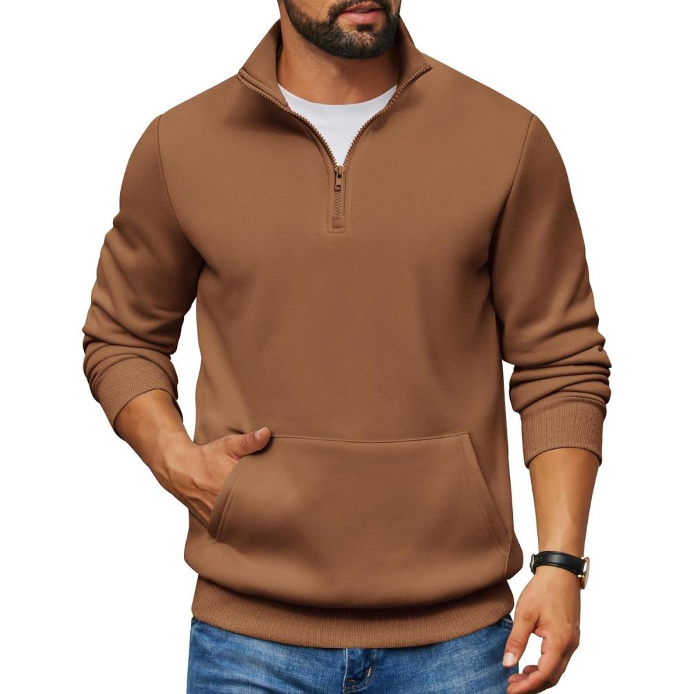 imageCOOFANDY Mens Quarter Zip Pullover Fleece Lined Sweatshirts Long Sleeve Mock Neck Sweater with PocketBrown