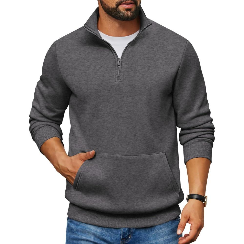 imageCOOFANDY Mens Quarter Zip Pullover Fleece Lined Sweatshirts Long Sleeve Mock Neck Sweater with PocketGrey