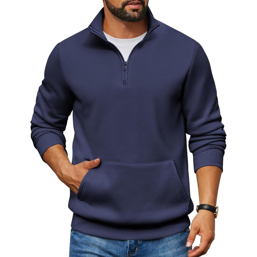 imageCOOFANDY Mens Quarter Zip Pullover Fleece Lined Sweatshirts Long Sleeve Mock Neck Sweater with PocketNavy Blue
