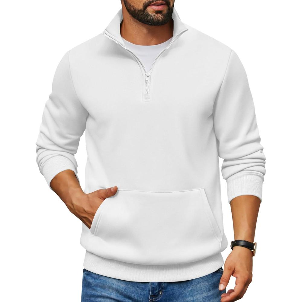imageCOOFANDY Mens Quarter Zip Pullover Fleece Lined Sweatshirts Long Sleeve Mock Neck Sweater with PocketWhite