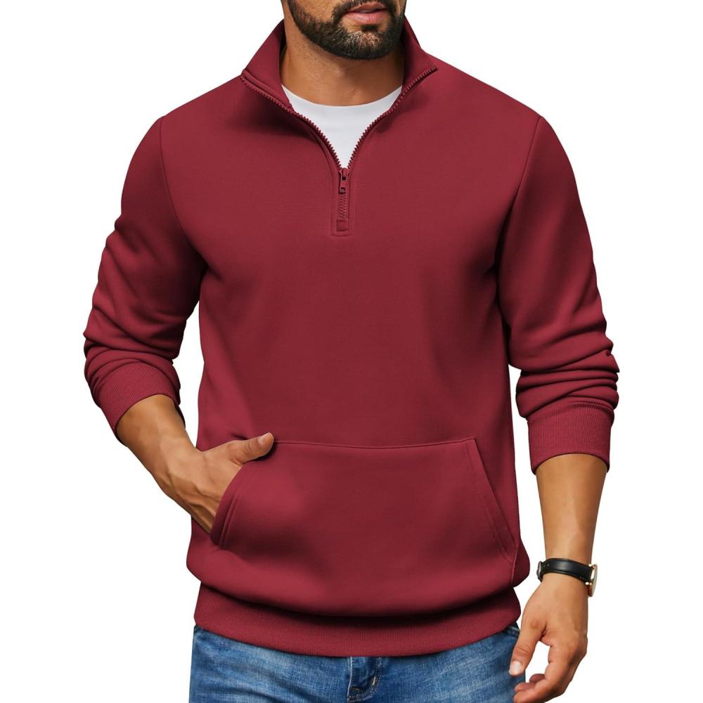 imageCOOFANDY Mens Quarter Zip Pullover Fleece Lined Sweatshirts Long Sleeve Mock Neck Sweater with PocketWine Red
