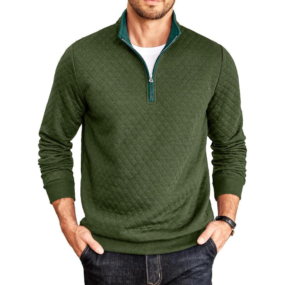 imageCOOFANDY Mens Quarter Zip Pullover Mock Neck Quilted Sweatshirt Casual Long Sleeve Polo SweaterArmy Green