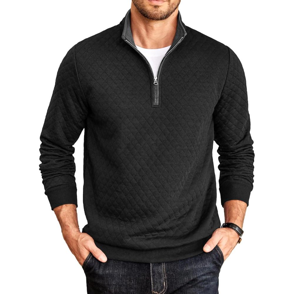 imageCOOFANDY Mens Quarter Zip Pullover Mock Neck Quilted Sweatshirt Casual Long Sleeve Polo SweaterBlack 01