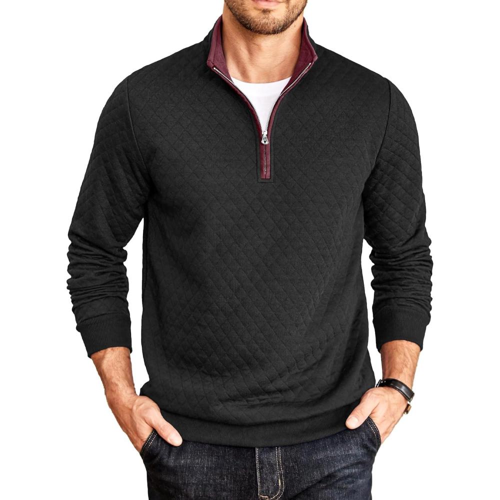 imageCOOFANDY Mens Quarter Zip Pullover Mock Neck Quilted Sweatshirt Casual Long Sleeve Polo SweaterBlack