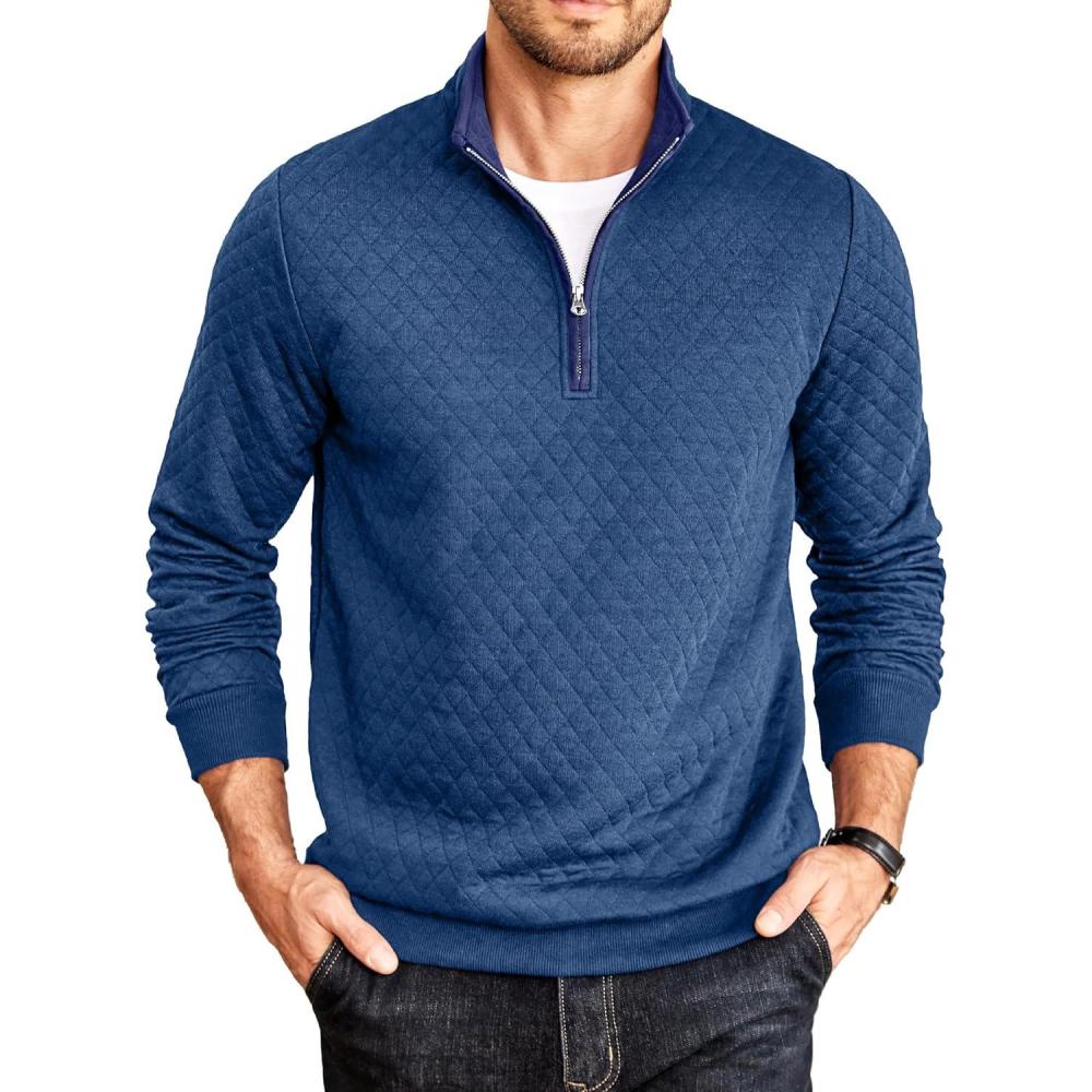 imageCOOFANDY Mens Quarter Zip Pullover Mock Neck Quilted Sweatshirt Casual Long Sleeve Polo SweaterBlue