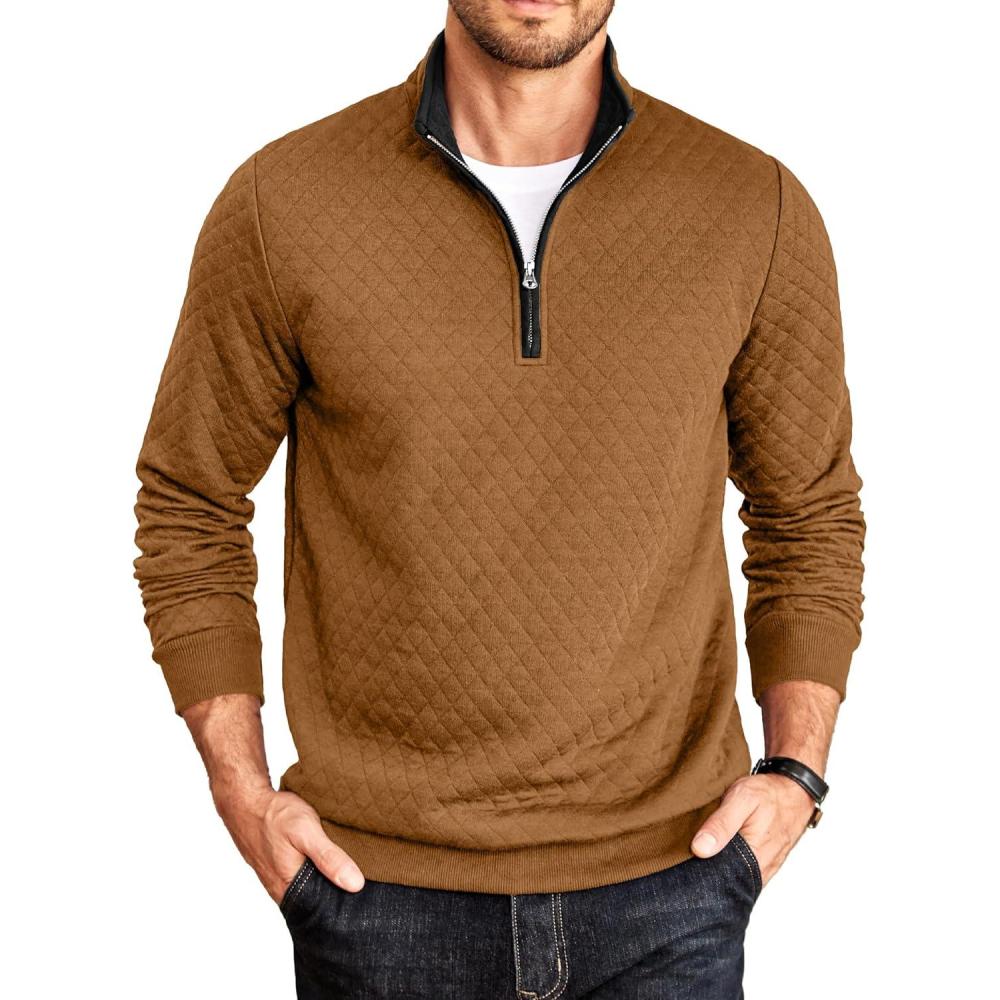 imageCOOFANDY Mens Quarter Zip Pullover Mock Neck Quilted Sweatshirt Casual Long Sleeve Polo SweaterBrown
