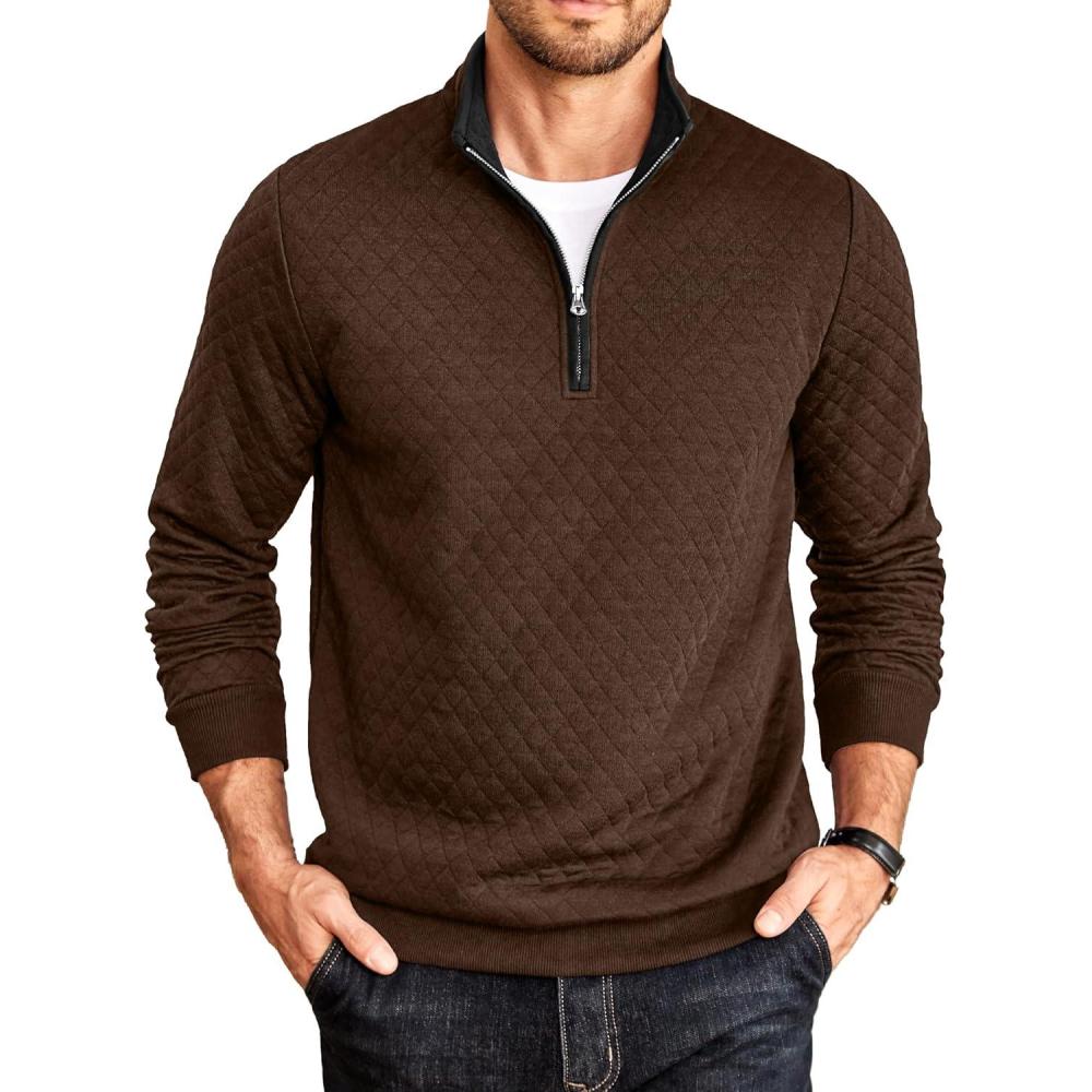 imageCOOFANDY Mens Quarter Zip Pullover Mock Neck Quilted Sweatshirt Casual Long Sleeve Polo SweaterCoffee