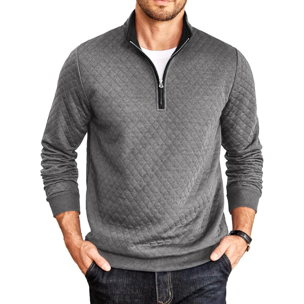 imageCOOFANDY Mens Quarter Zip Pullover Mock Neck Quilted Sweatshirt Casual Long Sleeve Polo SweaterDark Grey