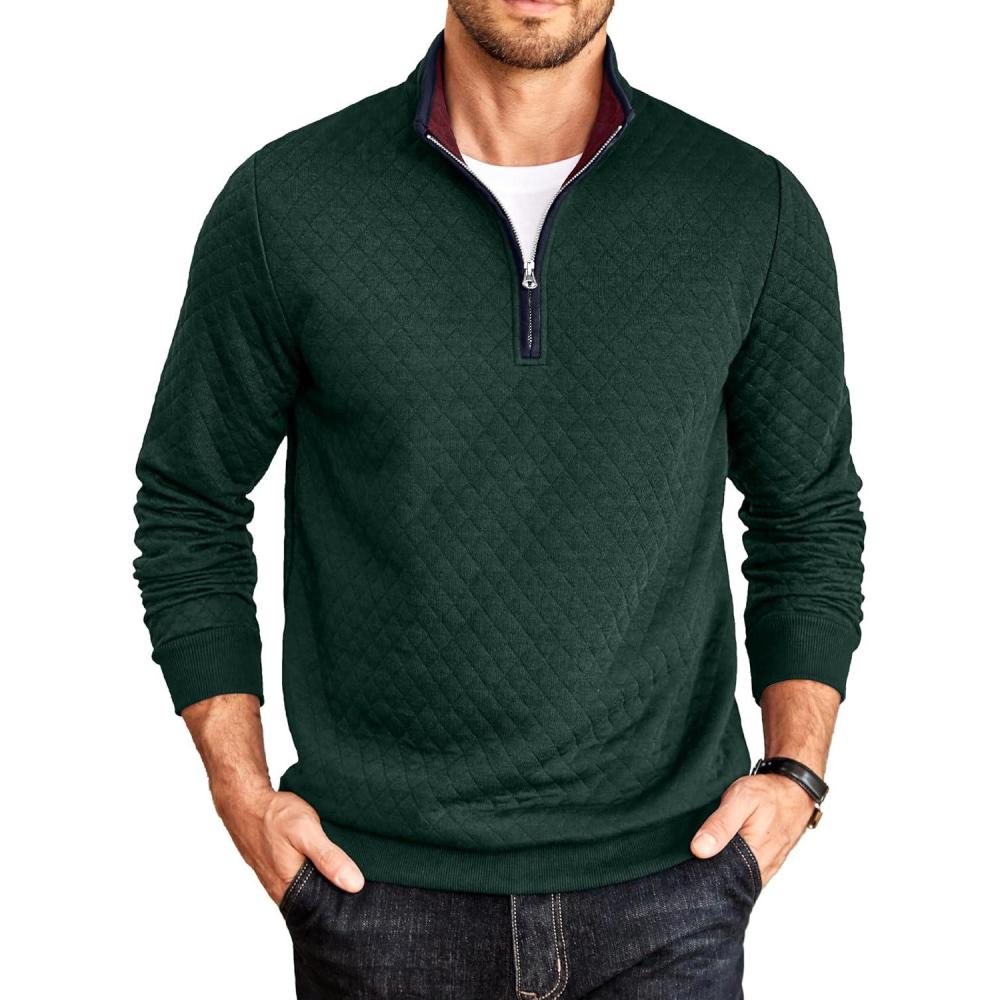 imageCOOFANDY Mens Quarter Zip Pullover Mock Neck Quilted Sweatshirt Casual Long Sleeve Polo SweaterDeep Green