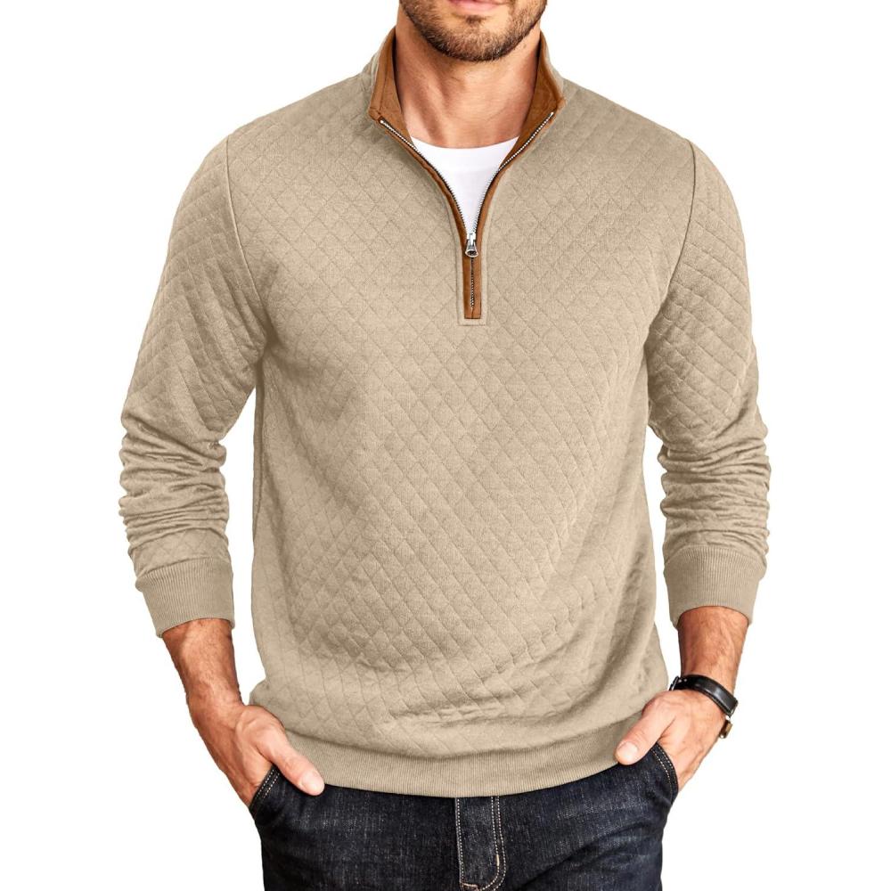 imageCOOFANDY Mens Quarter Zip Pullover Mock Neck Quilted Sweatshirt Casual Long Sleeve Polo SweaterKhaki 01