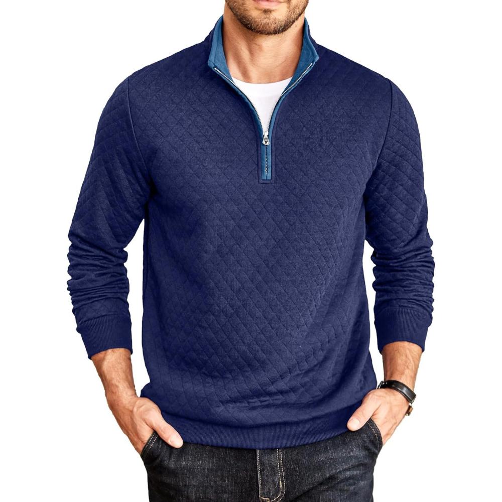 imageCOOFANDY Mens Quarter Zip Pullover Mock Neck Quilted Sweatshirt Casual Long Sleeve Polo SweaterNavy Blue