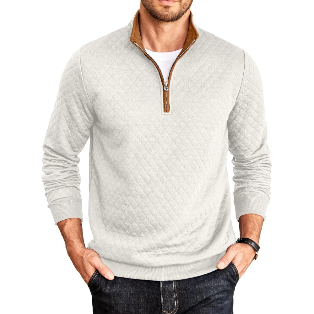 imageCOOFANDY Mens Quarter Zip Pullover Mock Neck Quilted Sweatshirt Casual Long Sleeve Polo SweaterWhite