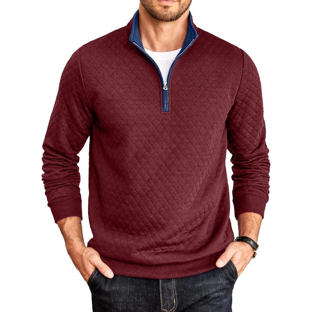 imageCOOFANDY Mens Quarter Zip Pullover Mock Neck Quilted Sweatshirt Casual Long Sleeve Polo SweaterWine Red