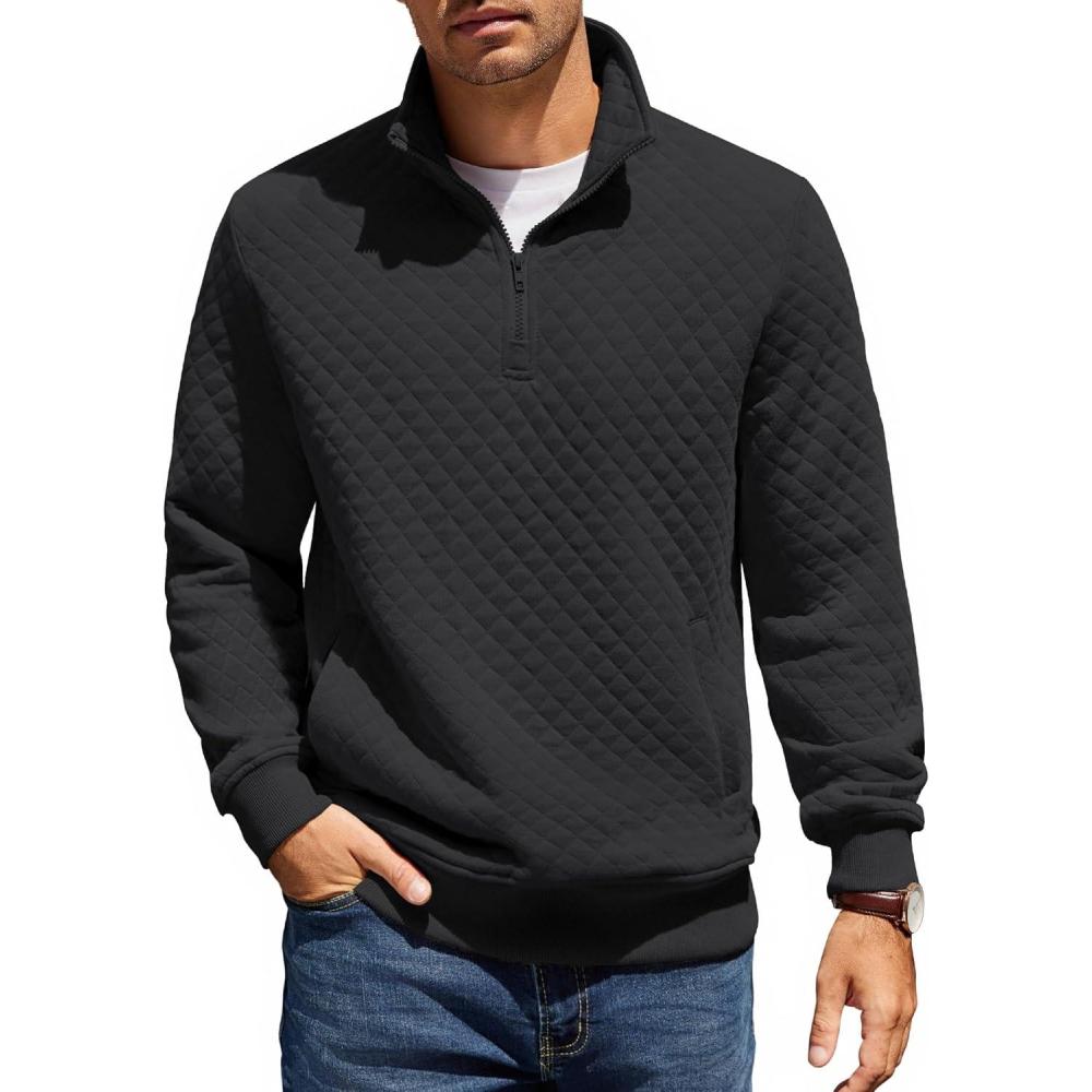 imageCOOFANDY Mens Quarter Zip Pullover Quilted Sweatshirt Knit Long Sleeve Mock Neck Sweater Polo with PocketAblack