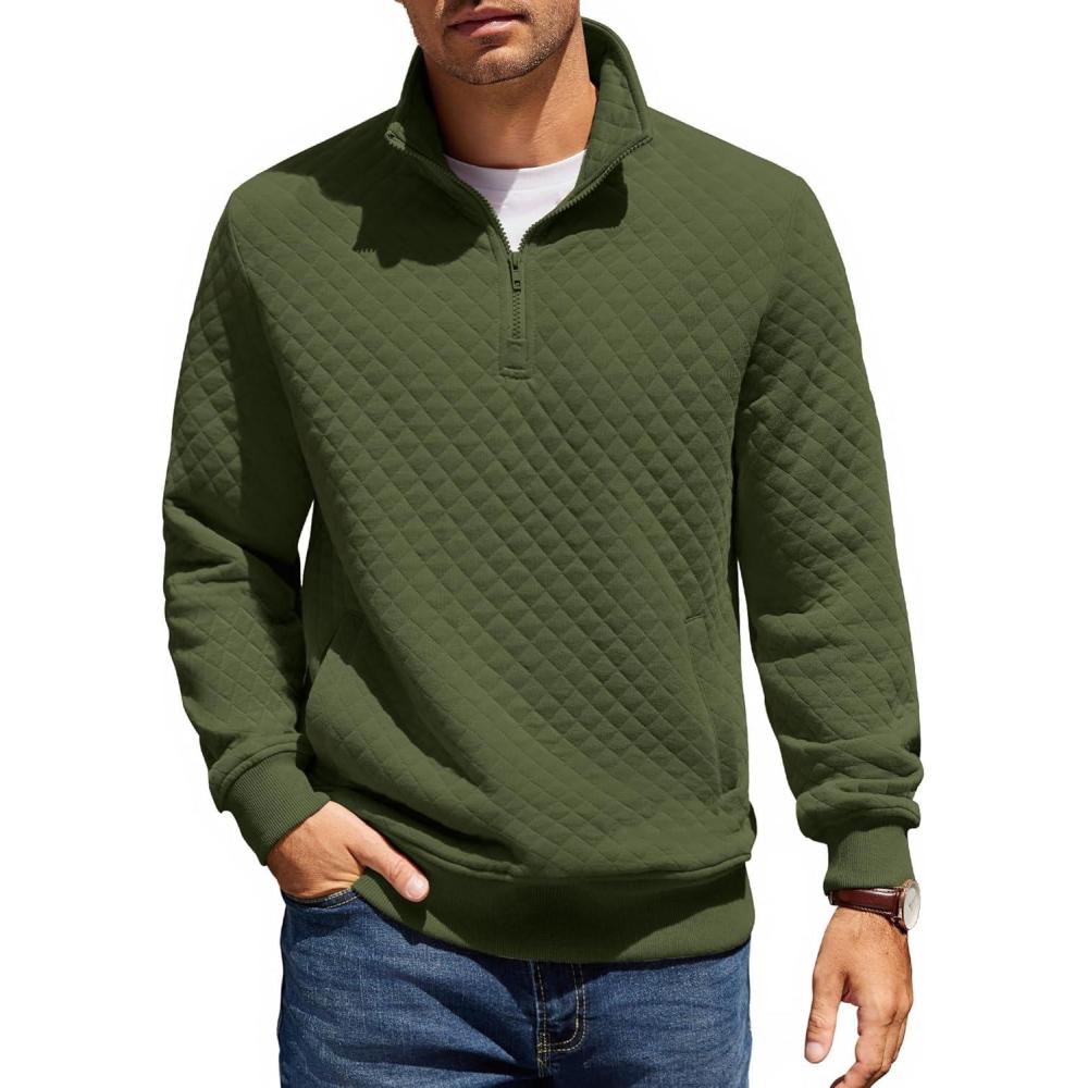 imageCOOFANDY Mens Quarter Zip Pullover Quilted Sweatshirt Knit Long Sleeve Mock Neck Sweater Polo with PocketArmy Green