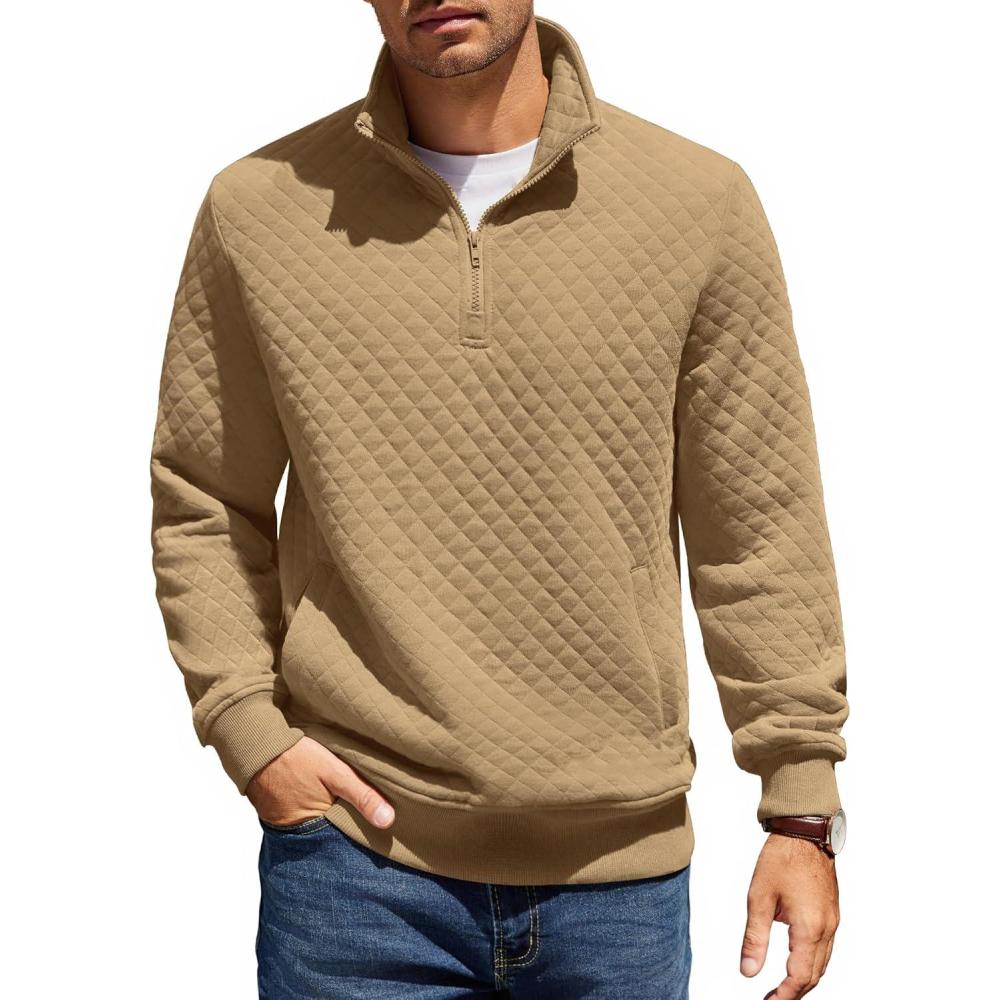 imageCOOFANDY Mens Quarter Zip Pullover Quilted Sweatshirt Knit Long Sleeve Mock Neck Sweater Polo with PocketCamel