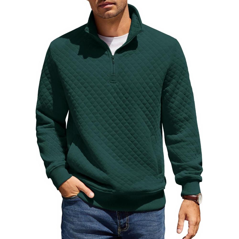 imageCOOFANDY Mens Quarter Zip Pullover Quilted Sweatshirt Knit Long Sleeve Mock Neck Sweater Polo with PocketGreen