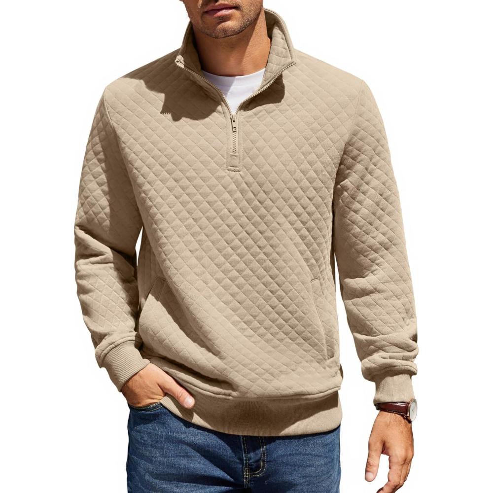 imageCOOFANDY Mens Quarter Zip Pullover Quilted Sweatshirt Knit Long Sleeve Mock Neck Sweater Polo with PocketKhaki
