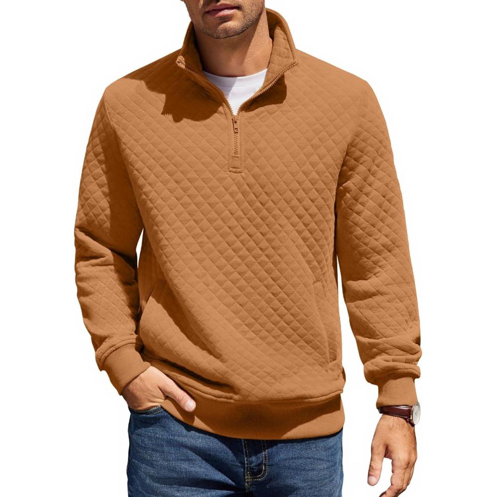 imageCOOFANDY Mens Quarter Zip Pullover Quilted Sweatshirt Knit Long Sleeve Mock Neck Sweater Polo with PocketLight Brown