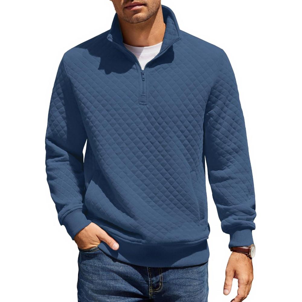 imageCOOFANDY Mens Quarter Zip Pullover Quilted Sweatshirt Knit Long Sleeve Mock Neck Sweater Polo with PocketSlate Blue