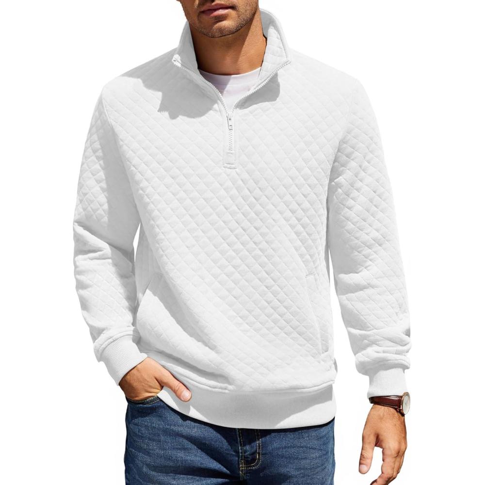 imageCOOFANDY Mens Quarter Zip Pullover Quilted Sweatshirt Knit Long Sleeve Mock Neck Sweater Polo with PocketWhite