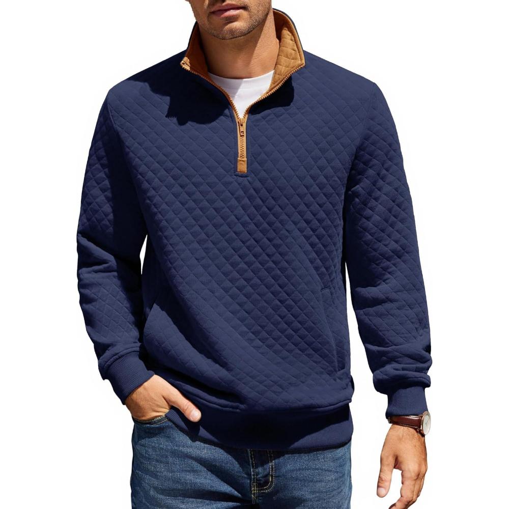 imageCOOFANDY Mens Quarter Zip Pullover Quilted Sweatshirt Knit Long Sleeve Mock Neck Sweater Polo with PocketZcontrast NavyBrown