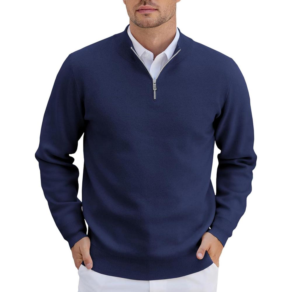 imageCOOFANDY Mens Quarter Zip Pullover Sweater Slim Fit Lightweight Casual Knit Pullover Sweaters Navy Blue Large