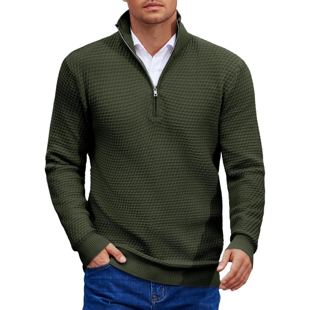 imageCOOFANDY Mens Quarter Zip Pullover Sweater Slim Fit Waffle Mock Turtleneck SweatersArmy Green
