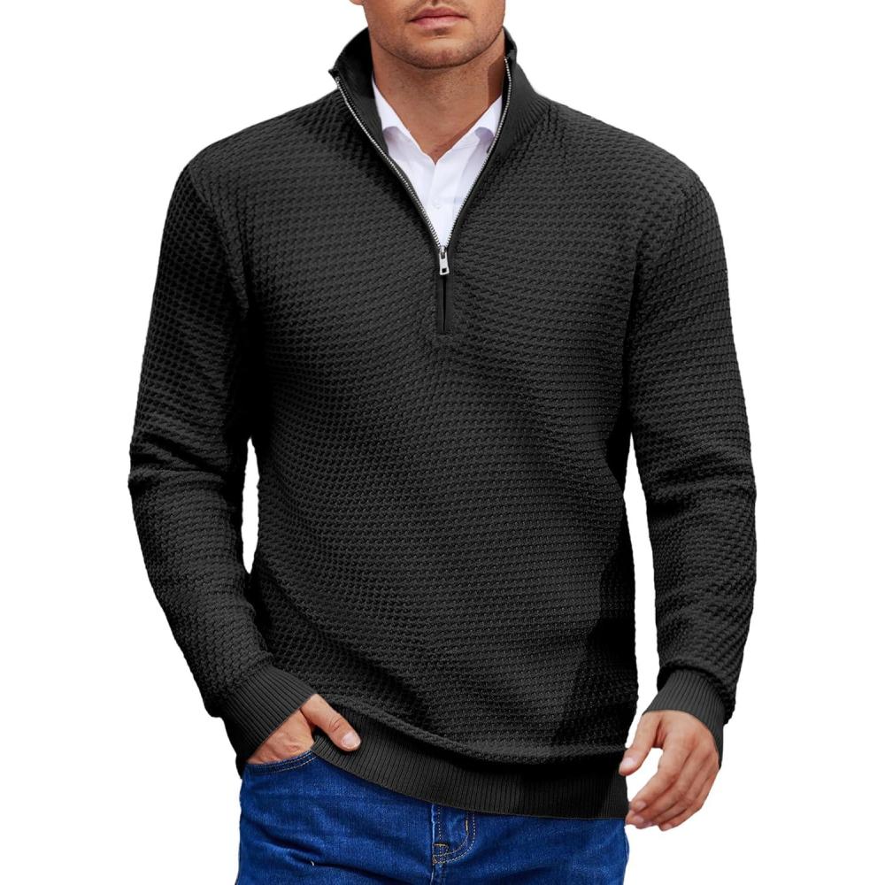 imageCOOFANDY Mens Quarter Zip Pullover Sweater Slim Fit Waffle Mock Turtleneck SweatersBlack