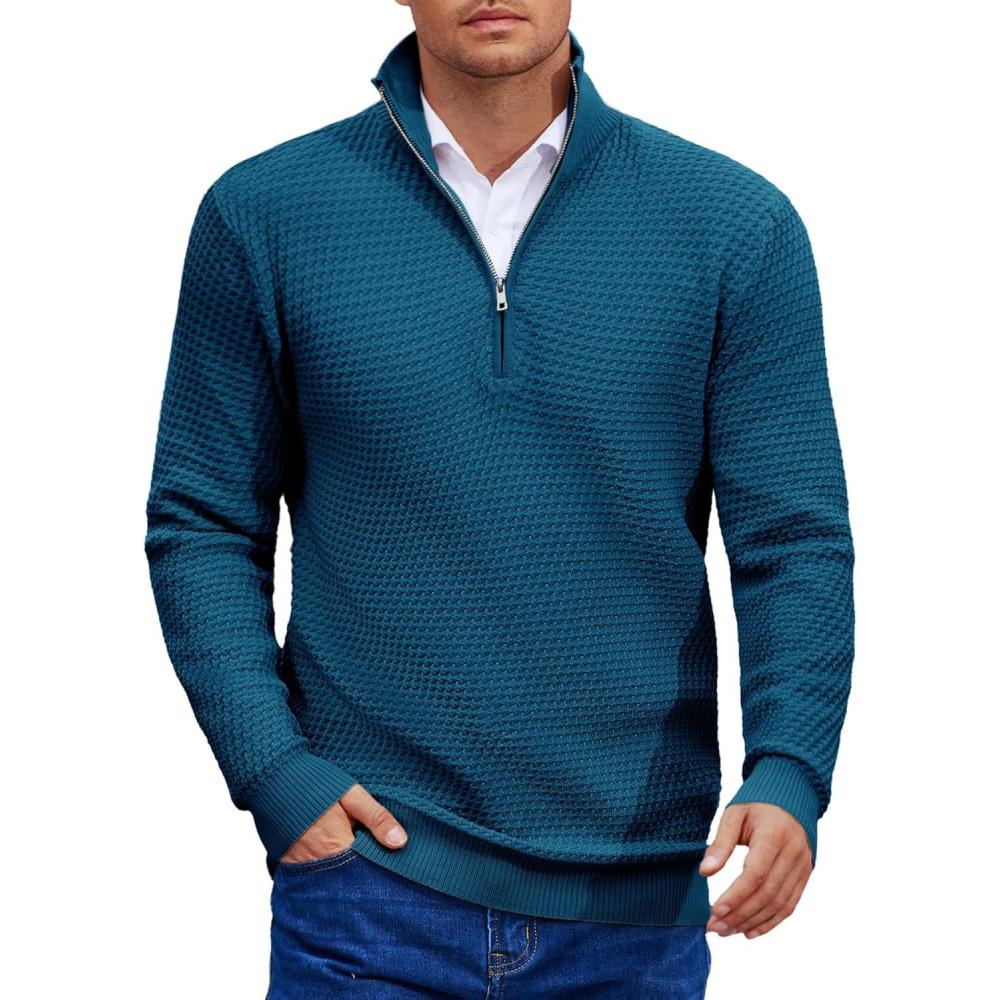 imageCOOFANDY Mens Quarter Zip Pullover Sweater Slim Fit Waffle Mock Turtleneck SweatersBlue