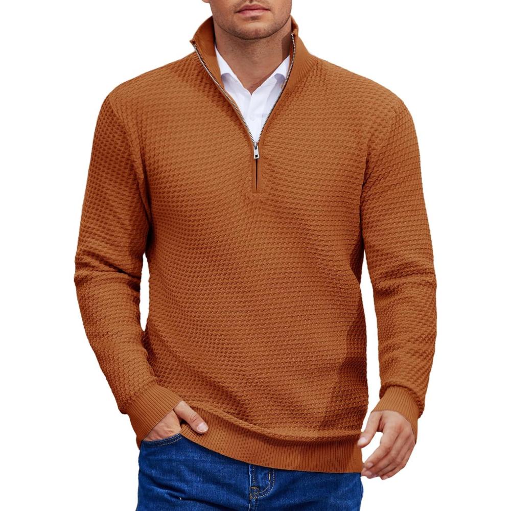 imageCOOFANDY Mens Quarter Zip Pullover Sweater Slim Fit Waffle Mock Turtleneck SweatersBrown