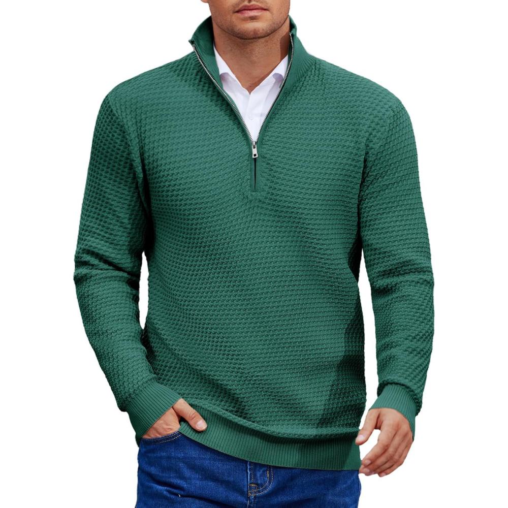 imageCOOFANDY Mens Quarter Zip Pullover Sweater Slim Fit Waffle Mock Turtleneck SweatersDark Green