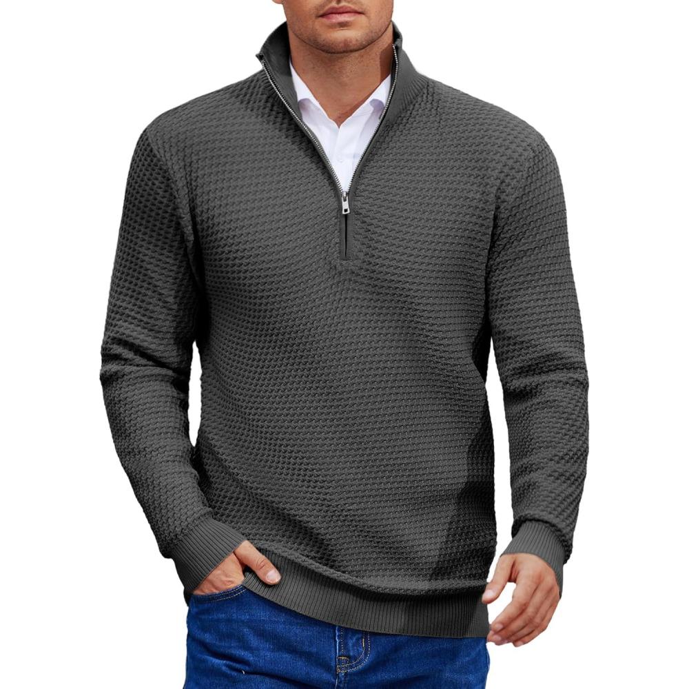 imageCOOFANDY Mens Quarter Zip Pullover Sweater Slim Fit Waffle Mock Turtleneck SweatersDark Grey