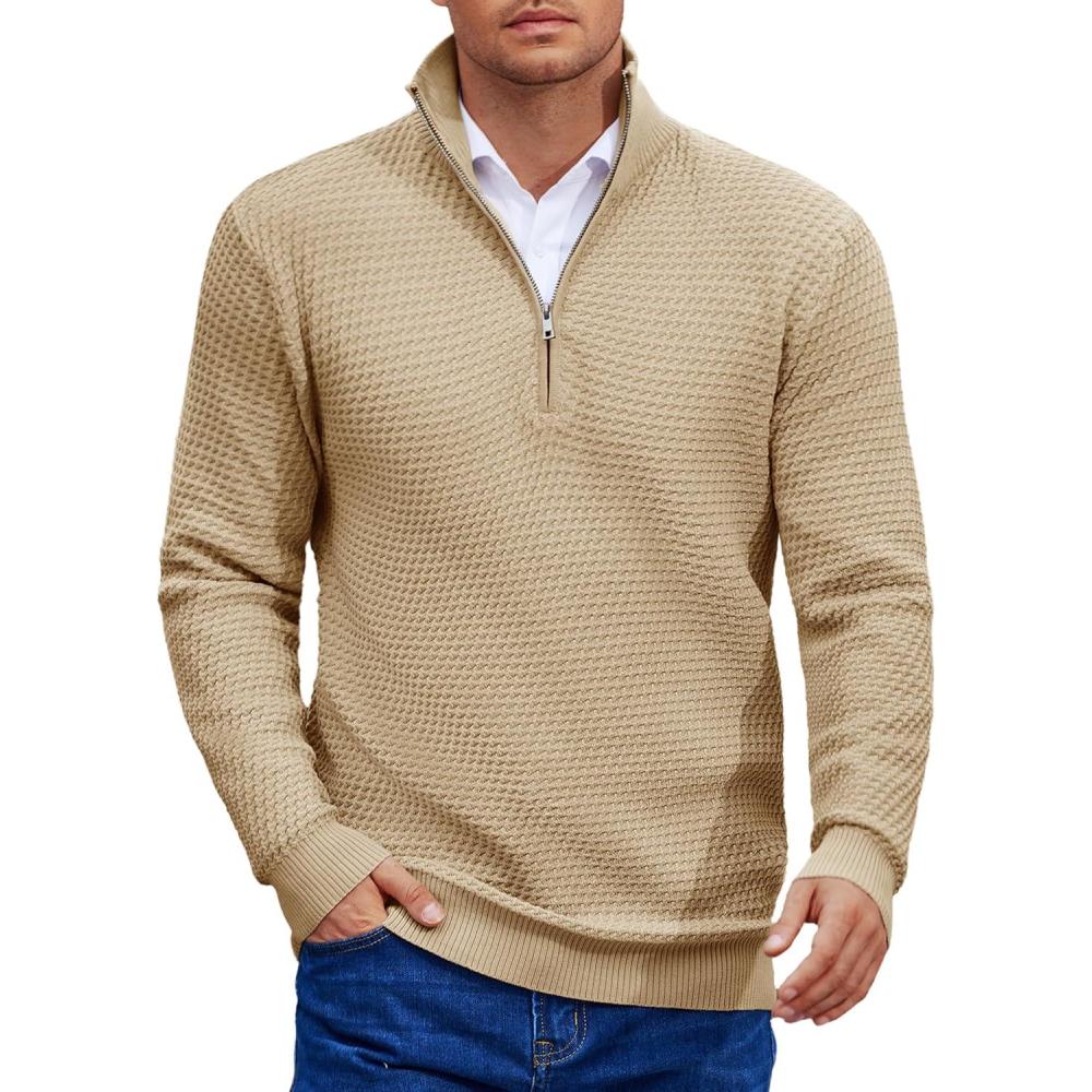 imageCOOFANDY Mens Quarter Zip Pullover Sweater Slim Fit Waffle Mock Turtleneck SweatersKhaki