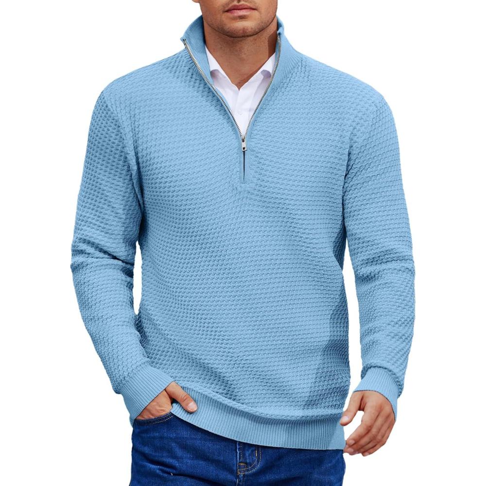 imageCOOFANDY Mens Quarter Zip Pullover Sweater Slim Fit Waffle Mock Turtleneck SweatersLight Blue