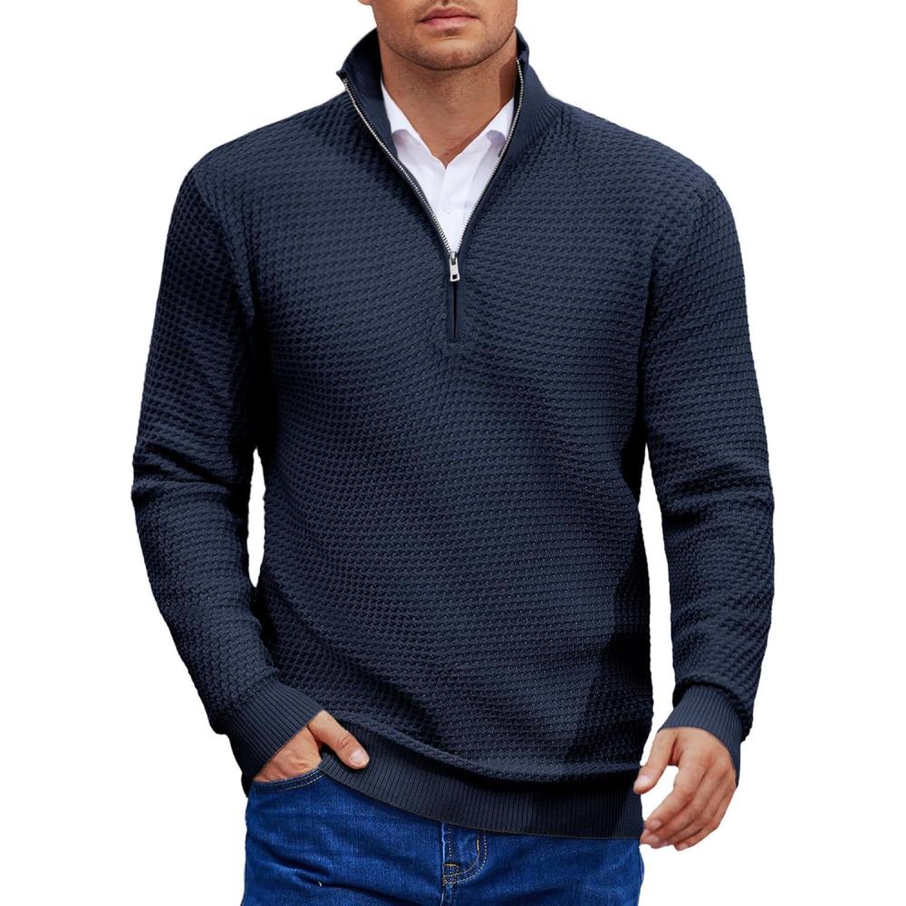 imageCOOFANDY Mens Quarter Zip Pullover Sweater Slim Fit Waffle Mock Turtleneck SweatersNavy Blue