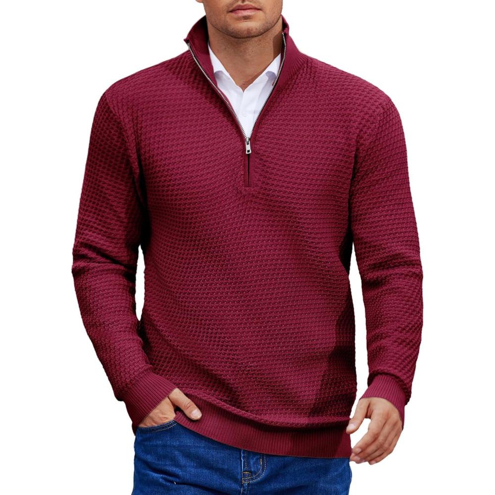 imageCOOFANDY Mens Quarter Zip Pullover Sweater Slim Fit Waffle Mock Turtleneck SweatersWine Red