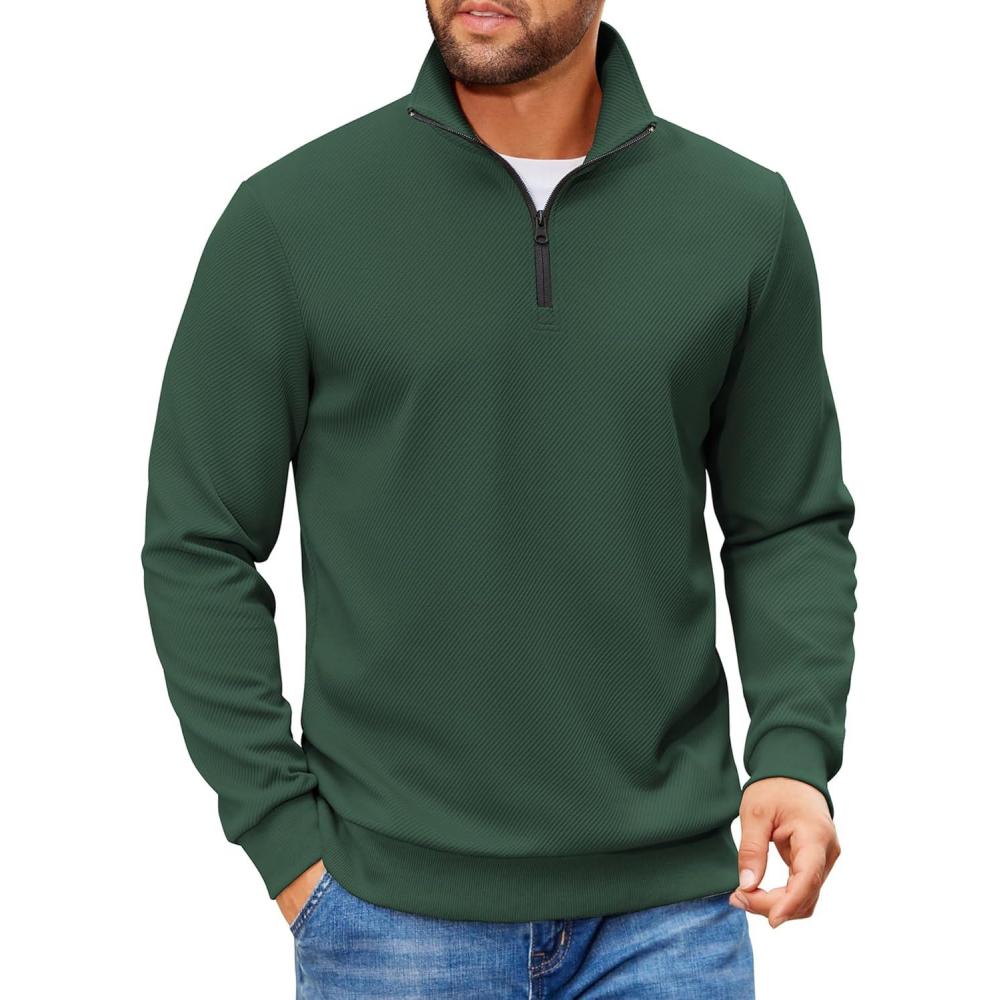 imageCOOFANDY Mens Quarter Zip Pullover Sweatshirts Lightweight Long Sleeve Mock Neck Sweater PoloArmy Green