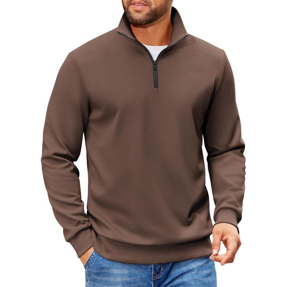 imageCOOFANDY Mens Quarter Zip Pullover Sweatshirts Lightweight Long Sleeve Mock Neck Sweater PoloBrown