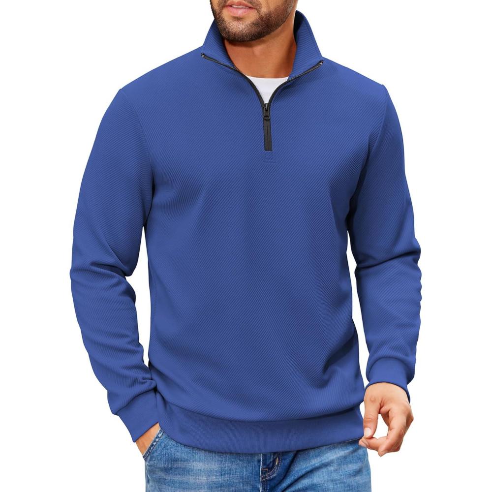 imageCOOFANDY Mens Quarter Zip Pullover Sweatshirts Lightweight Long Sleeve Mock Neck Sweater PoloDark Blue
