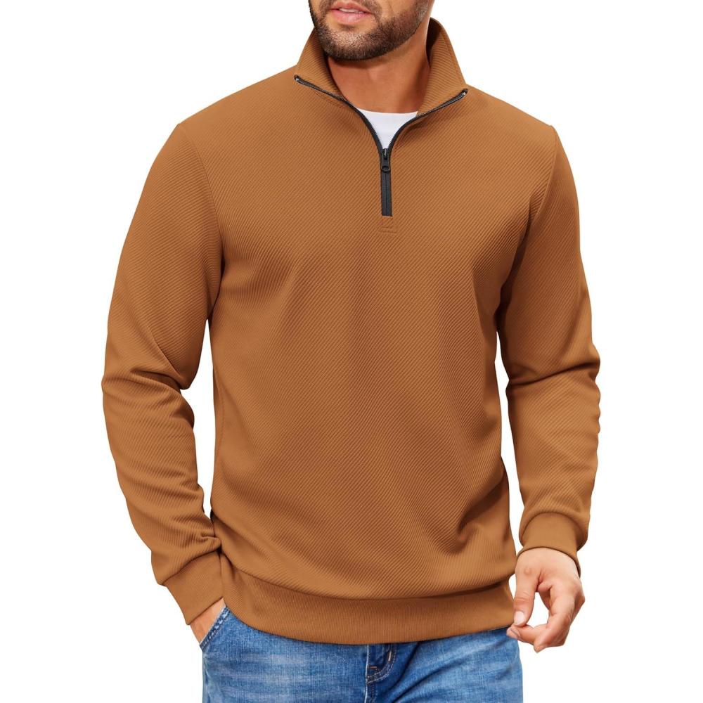imageCOOFANDY Mens Quarter Zip Pullover Sweatshirts Lightweight Long Sleeve Mock Neck Sweater PoloLight Brown
