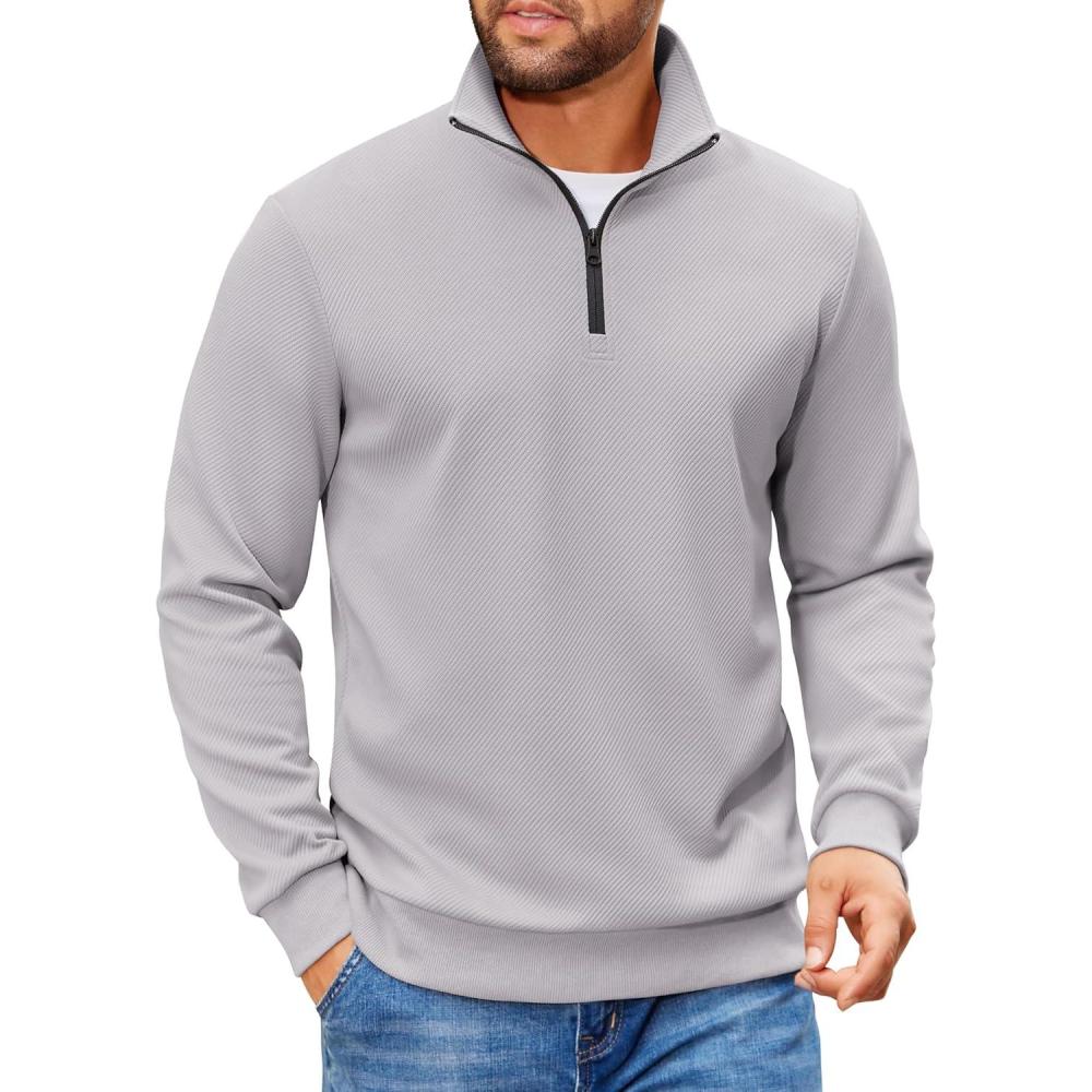 imageCOOFANDY Mens Quarter Zip Pullover Sweatshirts Lightweight Long Sleeve Mock Neck Sweater PoloLight Grey