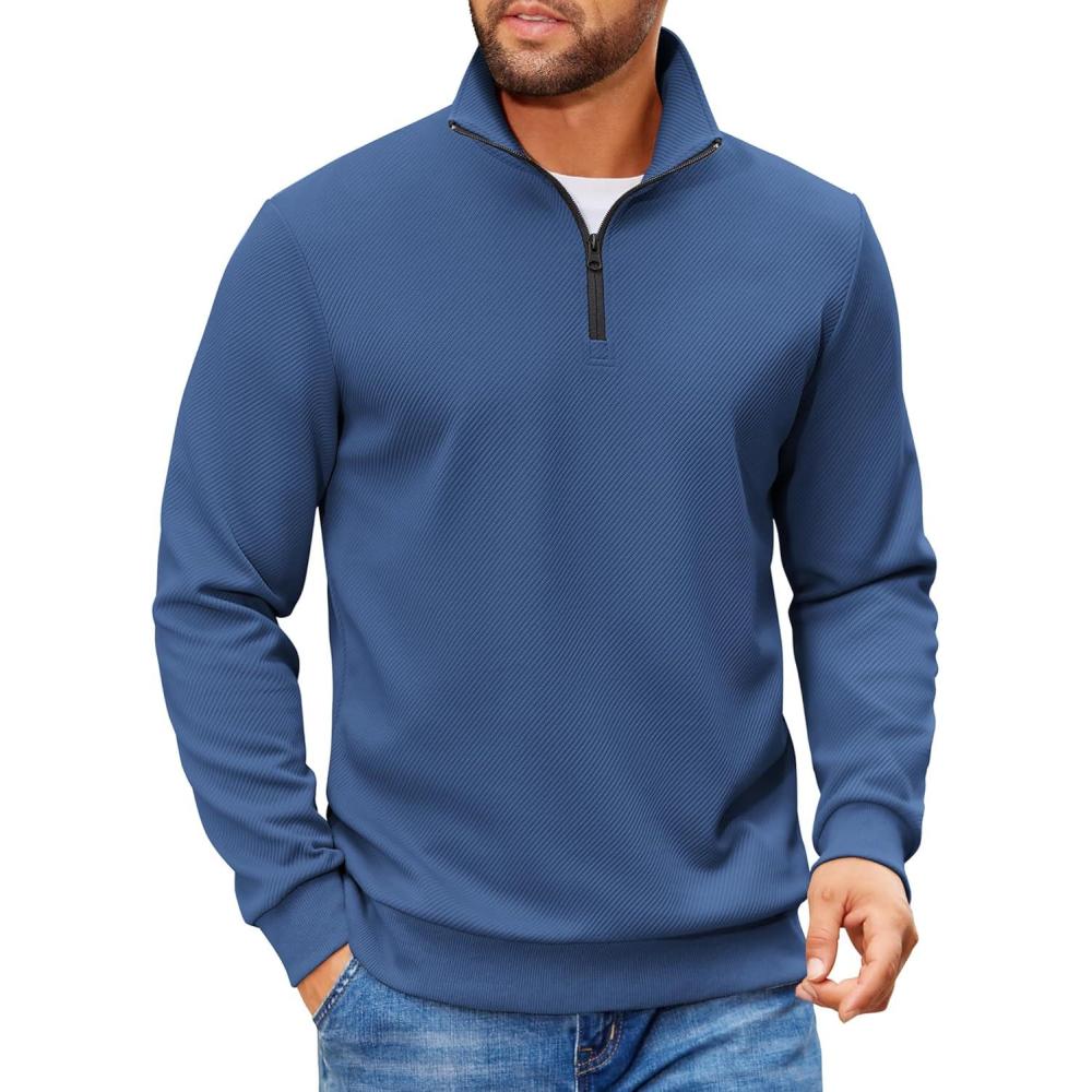 imageCOOFANDY Mens Quarter Zip Pullover Sweatshirts Lightweight Long Sleeve Mock Neck Sweater PoloSlate Blue