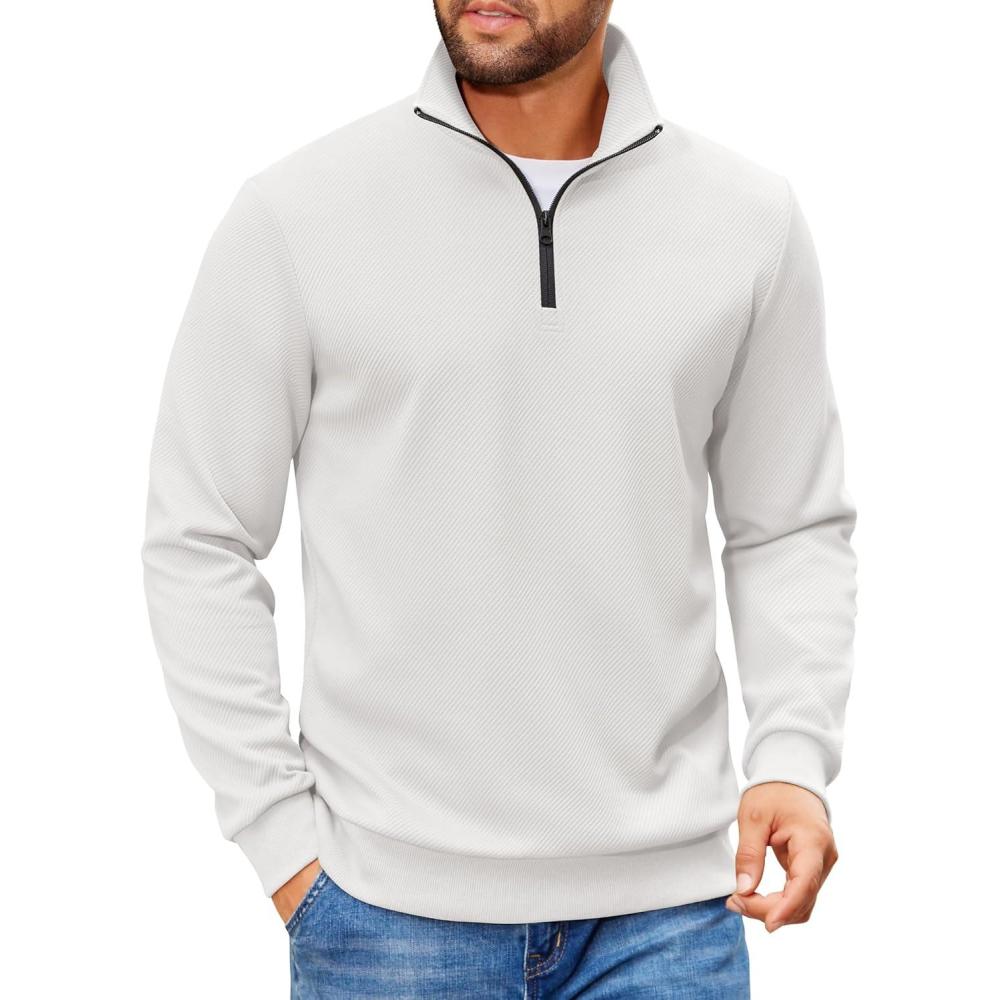 imageCOOFANDY Mens Quarter Zip Pullover Sweatshirts Lightweight Long Sleeve Mock Neck Sweater PoloWhite