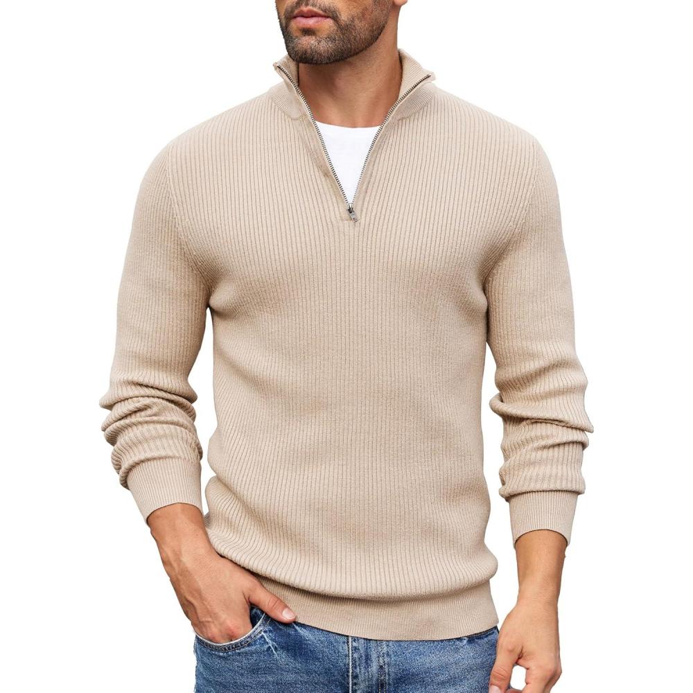 imageCOOFANDY Mens Quarter Zip Sweaters Slim Fit Mock Neck Pullover Sweater Lightweight Knitted Polo SweatersBeige