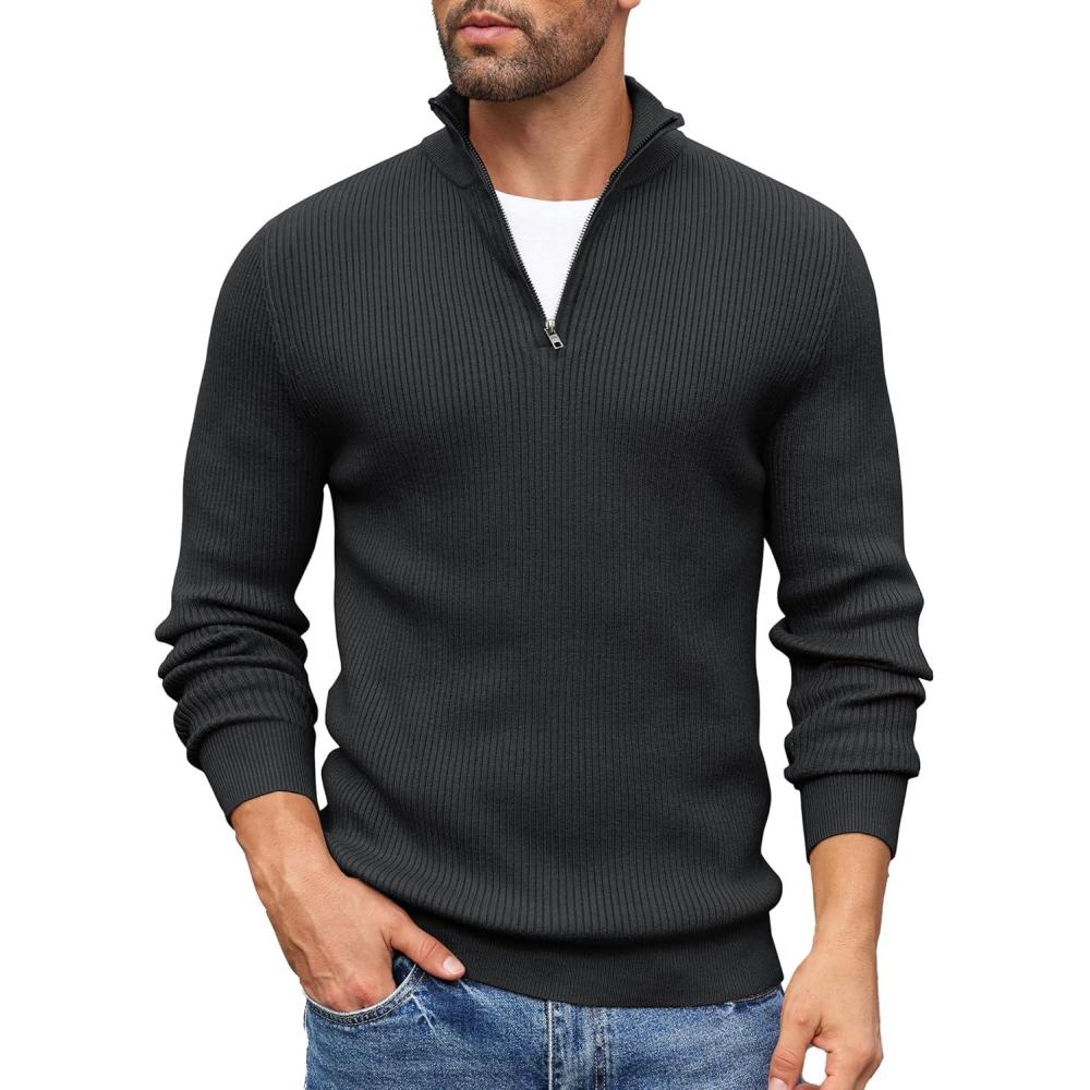 imageCOOFANDY Mens Quarter Zip Sweaters Slim Fit Mock Neck Pullover Sweater Lightweight Knitted Polo SweatersBlack