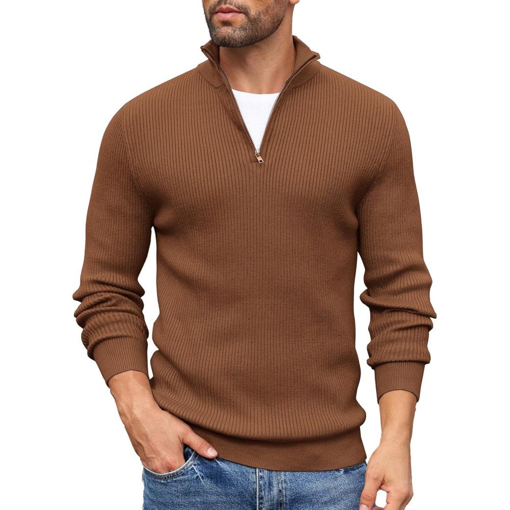 imageCOOFANDY Mens Quarter Zip Sweaters Slim Fit Mock Neck Pullover Sweater Lightweight Knitted Polo SweatersBrown